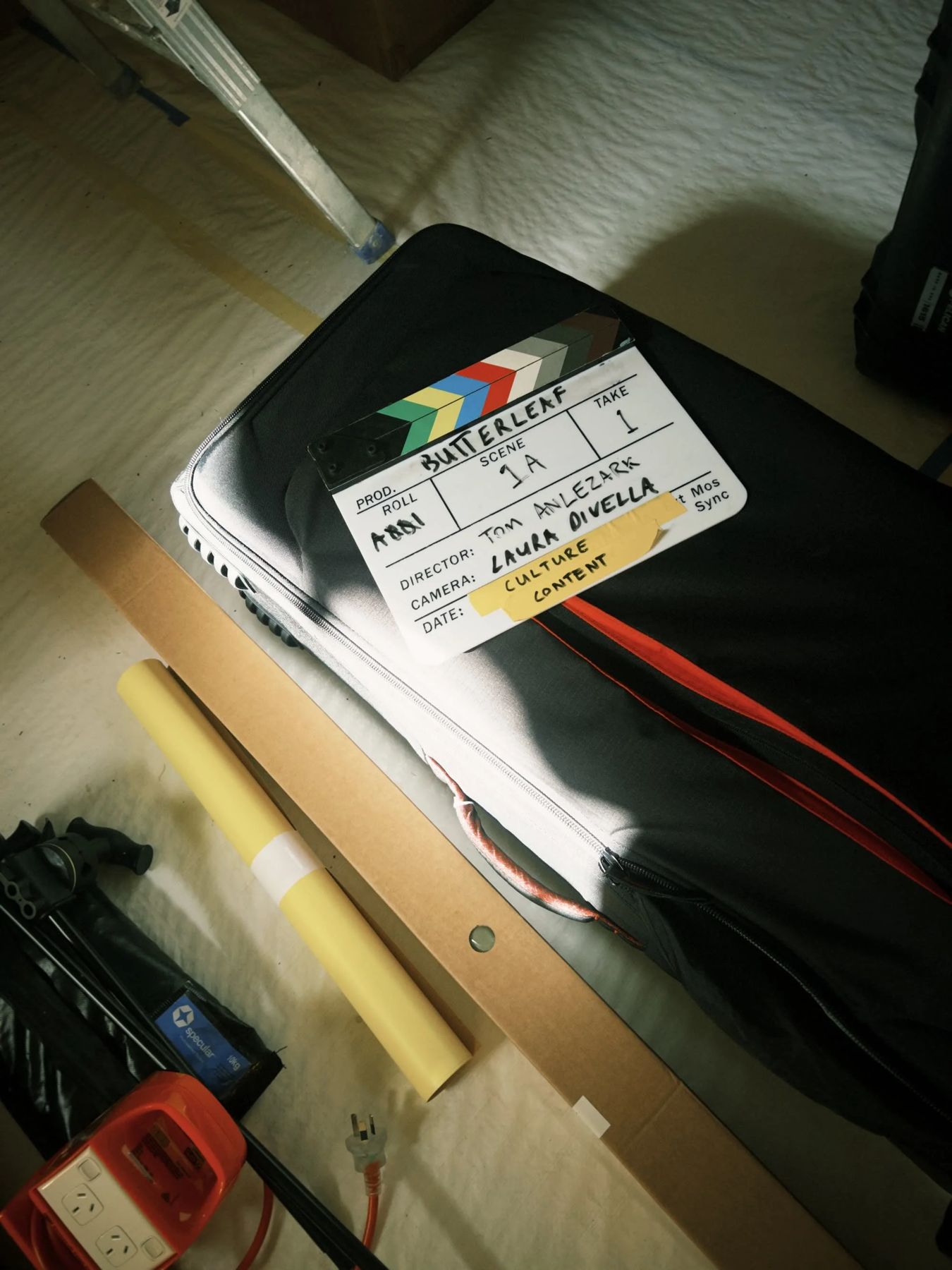 Clapper board reading Butterleaf, scene 1A, take 1.